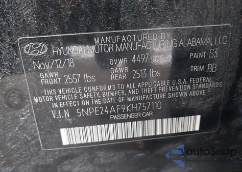 2019 Hyundai Sonata Se z USA, uszkodzony, nr VIN 5NPE24AF9KH757110